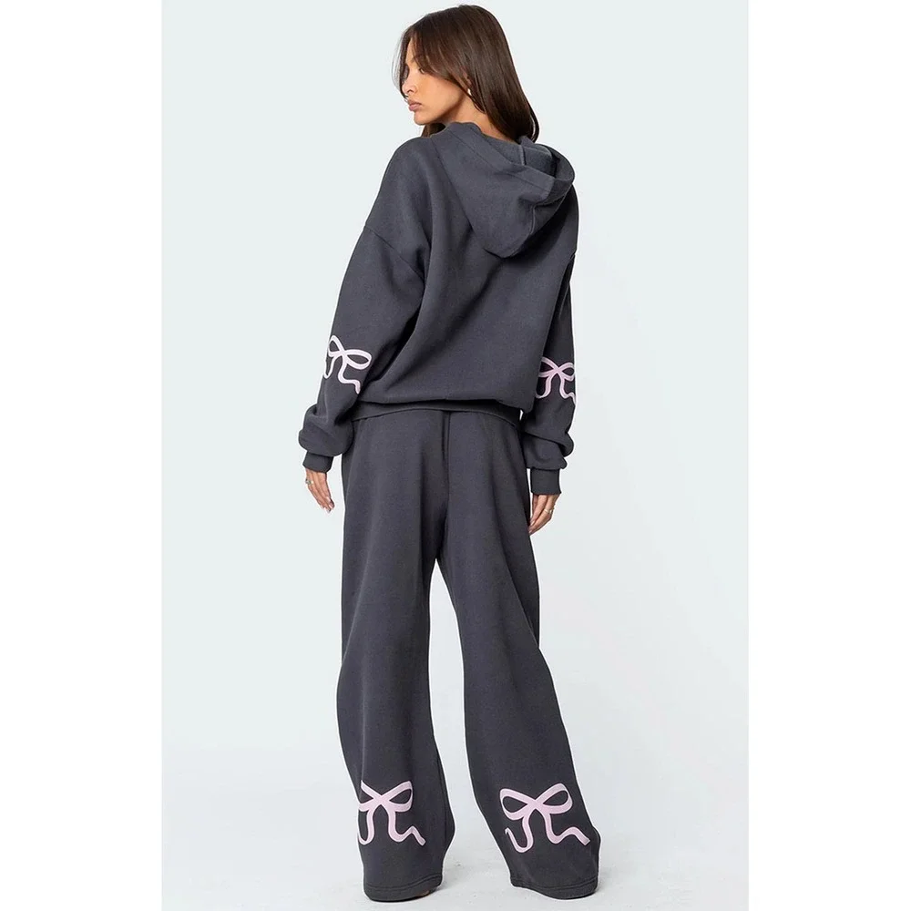 Edikted Women Charcoal Gray Pink Bow Wide Leg Sweatpants XS Coquette Balletcore